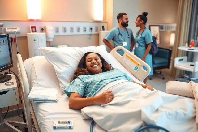 The image portrays a joyful moment in a hospital setting. A woman is lying in a hospital bed, laughing and smiling broadly at the camera. She has a relaxed posture, suggesting that she's feeling well despite being in a medical environment.