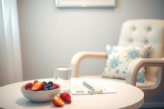 Cozy scene with a bowl of fresh strawberries and blueberries on a white table next to a chair. Warm lighting, calming atmosphere, featuring a bright and airy room setting.