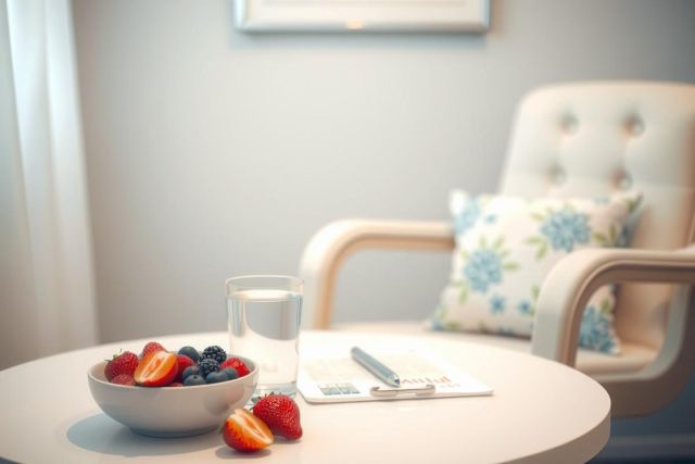 Cozy scene with a bowl of fresh strawberries and blueberries on a white table next to a chair. Warm lighting, calming atmosphere, featuring a bright and airy room setting.