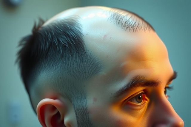 Close-up portrait of a person with a shaved hairstyle and striking eyes. The lighting creates a dramatic, moody atmosphere. Focus on facial features and a unique haircut.