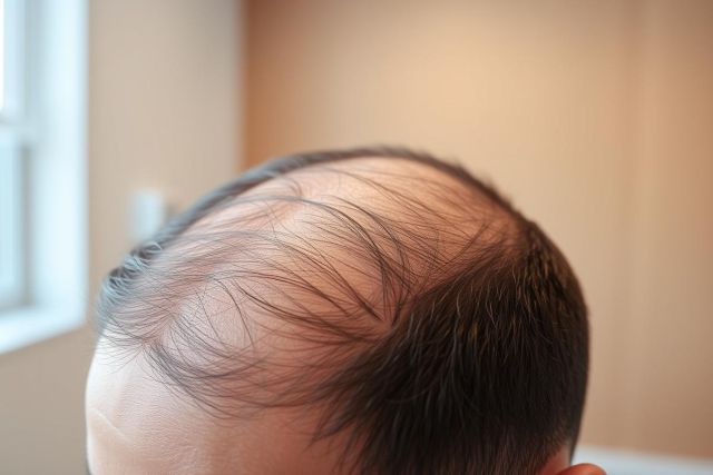 Close-up image showing receding hairline and thinning hair on a man's head. The background is a warm orange wall with a window visible, suggesting an indoor setting. Focus is on hair loss and scalp condition with dark hair contrasting against skin.