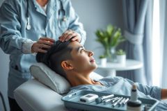Close-up of a person receiving a facial treatment in a spa setting. A beauty professional applies something to the patient's face. A tray of skincare tools is visible.  Calm, relaxing atmosphere.