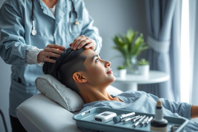 Close-up of a person receiving a facial treatment in a spa setting. A beauty professional applies something to the patient's face. A tray of skincare tools is visible.  Calm, relaxing atmosphere.