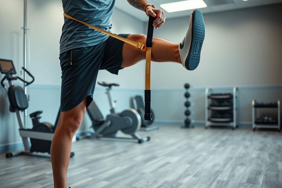 Man exercising with resistance band in a modern gym. Focus on lower body workout, featuring blue and gray tones with a yellow band. Fitness, strength training, and athletic performance are key themes in this gym environment.
