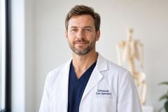 Orthopedic specialist smiling in clinic with anatomical skeleton in background, professional portrait.