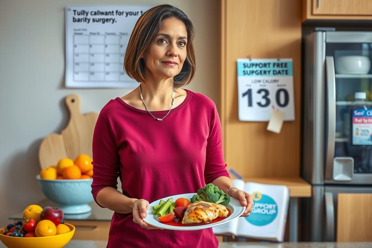 The image shows a woman in a kitchen, holding a plate of healthy food. She is wearing a red top and smiling at the camera. The plate contains a variety of vegetables including broccoli and carrots, suggesting she might be preparing for a nutritious meal or possibly showcasing her cooking skills.