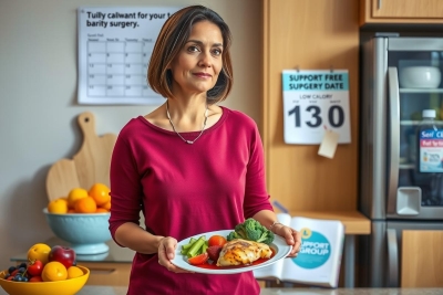 The image shows a woman in a kitchen, holding a plate of healthy food. She is wearing a red top and smiling at the camera. The plate contains a variety of vegetables including broccoli and carrots, suggesting she might be preparing for a nutritious meal or possibly showcasing her cooking skills.