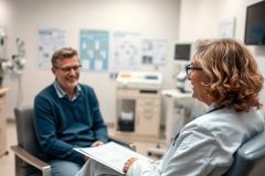 Patient consultation in a modern medical office. A man and female doctor in glasses are engaged in a discussion amidst diagnostic equipment and charts. Warm, inviting atmosphere with neutral colors and a focus on healthcare and wellness.