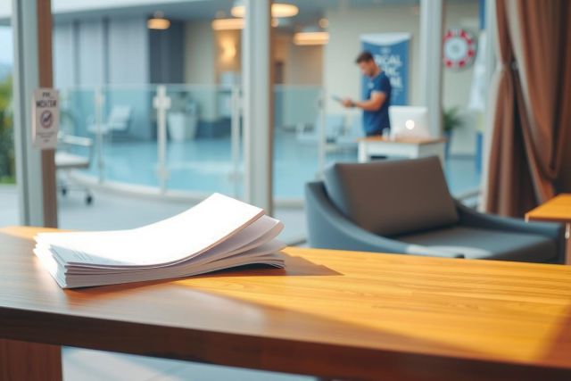 A stack of papers sits on a wooden table near a window, with a blurred image of a waiting area and people. Natural light, warm tones, office or study space.