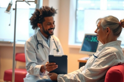 Doctor consults with a patient in a medical office. The doctor, wearing a white coat and stethoscope, is holding a tablet and appears to be explaining something. The patient is seated in a chair. The room has medical equipment visible.