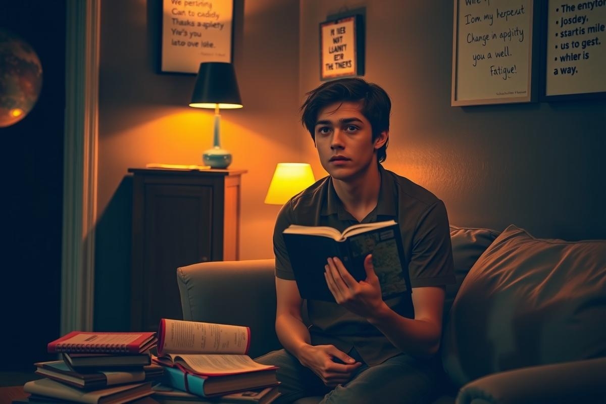 The image depicts a young man engrossed in reading a book. He is seated on a couch, which is positioned against a dark backdrop. The room appears to be dimly lit and somewhat messy, with various items scattered around him. The boy's focus seems intense as he holds the book open with both hands.