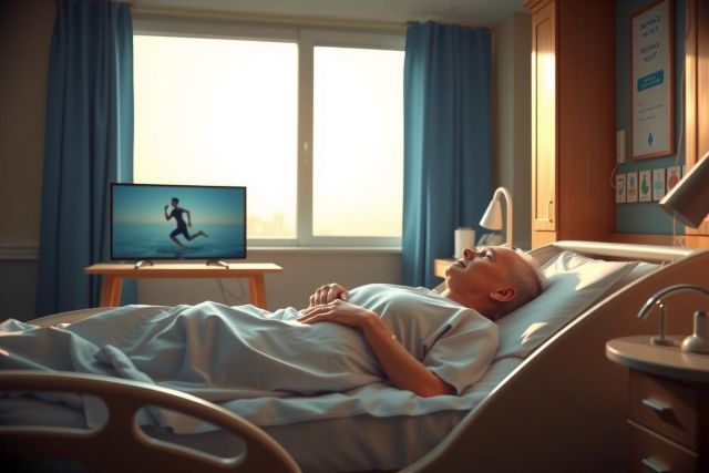 The image features a hospital room during daylight hours. There is a senior patient lying in bed, wearing light-colored pajamas. A television monitor is visible on the wall displaying a scene of a person running.