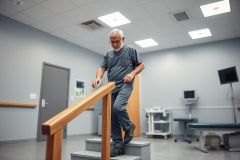 Elderly male patient in operating room uniform walking down stairs in a modern, light blue medical clinic or hospital setting. Focus on balance and mobility in a healthcare setting.