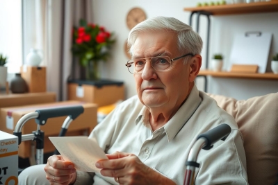 Older gentleman, possibly a senior citizen, sitting in his living room. He is holding a piece of mail and appears to be reading it. The environment suggests a comfortable home setting with items like books, potted plants, a couch, and a TV visible.