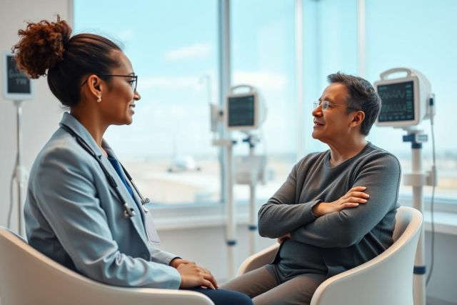 Doctor consults with a patient in a modern hospital setting. A female doctor in a blue suit discusses health concerns with a male patient. The scene features medical equipment and a bright, airy atmosphere, conveying healthcare and wellness themes.