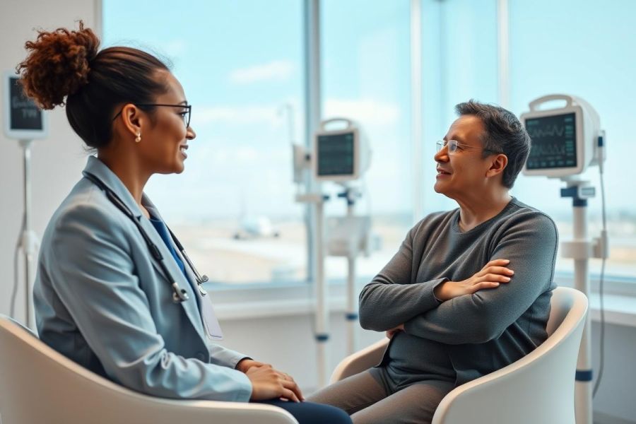 Doctor consults with a patient in a modern hospital setting. A female doctor in a blue suit discusses health concerns with a male patient. The scene features medical equipment and a bright, airy atmosphere, conveying healthcare and wellness themes.