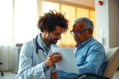 Doctor reviewing medical documents with senior patient. Healthcare consultation in a clinic setting. Focus on patient care and wellness.
