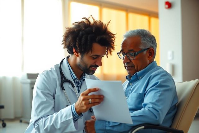 Doctor reviewing medical documents with senior patient. Healthcare consultation in a clinic setting. Focus on patient care and wellness.