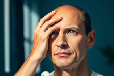Close-up of a man looking upwards, hand near his face. Dramatic lighting, dark background, focused on facial expression. Portrait photography, possibly contemplative or thoughtful mood.