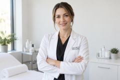Confident aesthetic clinician in treatment room wearing lab coat, cosmetic products and treatment bed visible.