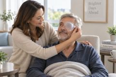 Woman fitting protective eye shield on recovering man in calm home recovery setting.