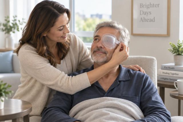 Woman fitting protective eye shield on recovering man in calm home recovery setting.