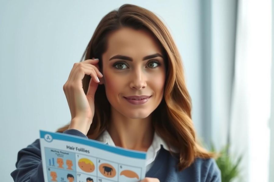 Portrait of a smiling woman holding a hair follicle chart against a light blue background. The image features a close-up view of her face and the educational material, suggesting content related to dermatology, hair health, or cosmetology.