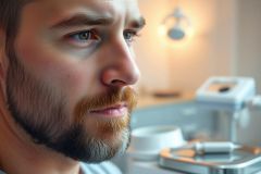 Close-up of a man with a beard in a dental office. Warm lighting illuminates his face as he looks off to the side. Dental equipment is visible in the blurred background, suggesting a check-up or procedure. Focus on healthcare, dentistry, and a patient's perspective.