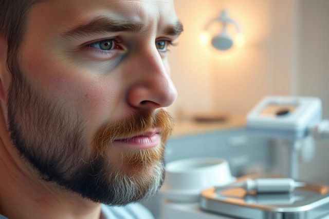 Close-up of a man with a beard in a dental office. Warm lighting illuminates his face as he looks off to the side. Dental equipment is visible in the blurred background, suggesting a check-up or procedure. Focus on healthcare, dentistry, and a patient's perspective.