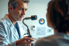 Doctor examining a patient with an otoscope. Healthcare professional in a clinical setting. Focus on ear health and medical diagnosis. White coat, professional environment.