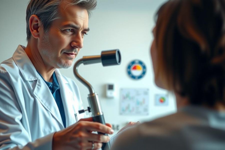 Doctor examining a patient with an otoscope. Healthcare professional in a clinical setting. Focus on ear health and medical diagnosis. White coat, professional environment.