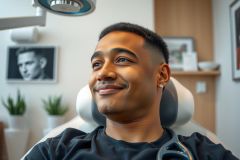 Man at a dental appointment, smiling and looking up. Bright, modern dental office setting with equipment and plants visible. Focus on patient care and a positive experience.