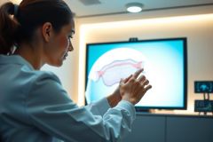Doctor examines a brain scan on a monitor, likely in a medical setting. The image showcases diagnostic technology and healthcare expertise. Focus on brain imaging and medical analysis.