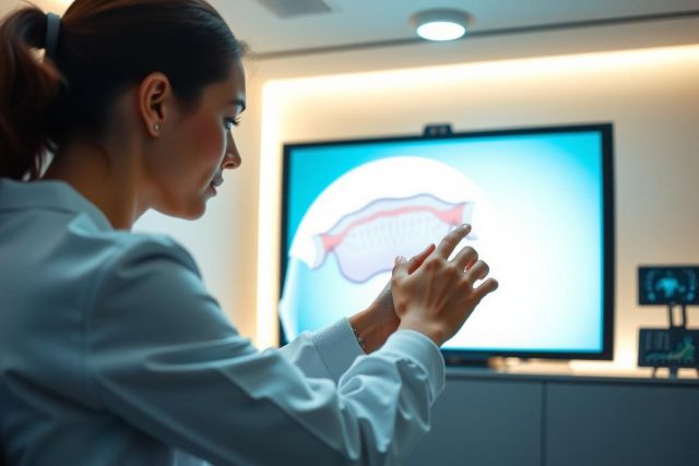 Doctor examines a brain scan on a monitor, likely in a medical setting. The image showcases diagnostic technology and healthcare expertise. Focus on brain imaging and medical analysis.