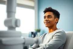 Portrait of a young Black man in a dental office setting. He's smiling gently while seated comfortably, with a dental examination light visible in the background. The scene features a calming blue wall and natural light, suggesting a modern and reassuring dental experience.