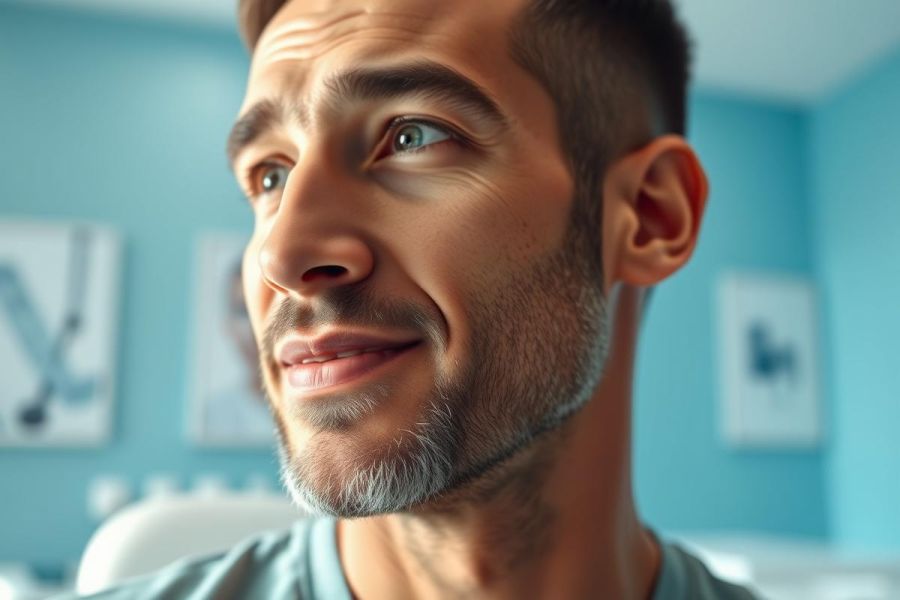 Close-up portrait of a smiling man with a short beard and blue eyes, set against a bright blue wall with framed art. Casual style, indoor setting, warm lighting. Focus on facial expression and detail. Man, portrait, blue, smile, indoors.