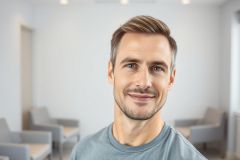 Portrait of a smiling man with short brown hair in a modern, light-filled waiting room. The man is wearing a blue t-shirt and looking directly at the camera. The background features neutral gray and white tones, suggesting a healthcare or office setting.
