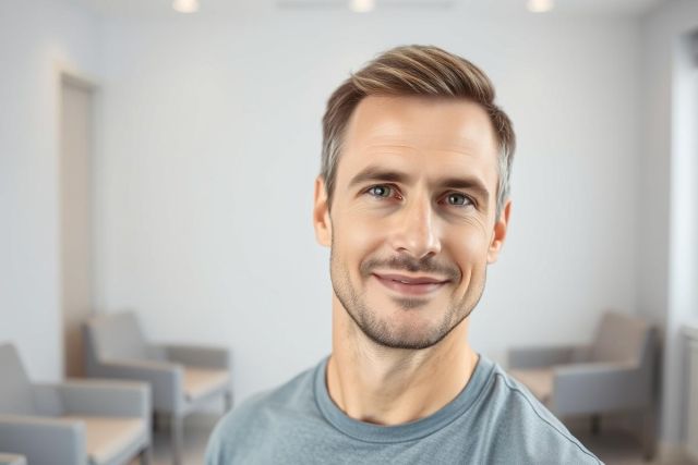 Portrait of a smiling man with short brown hair in a modern, light-filled waiting room. The man is wearing a blue t-shirt and looking directly at the camera. The background features neutral gray and white tones, suggesting a healthcare or office setting.
