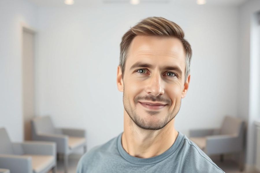 Portrait of a smiling man with short brown hair in a modern, light-filled waiting room. The man is wearing a blue t-shirt and looking directly at the camera. The background features neutral gray and white tones, suggesting a healthcare or office setting.