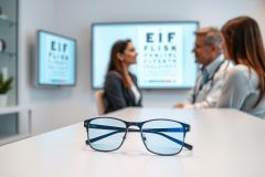 Stylish eyeglasses on a table in an eye exam setting. A doctor and patient are visible in the background, with eye charts displayed on screens. Focus is on the modern eyewear, suggesting vision care and eye health solutions. Blue lenses, black frames, professional environment.