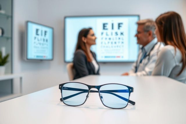 Stylish eyeglasses on a table in an eye exam setting. A doctor and patient are visible in the background, with eye charts displayed on screens. Focus is on the modern eyewear, suggesting vision care and eye health solutions. Blue lenses, black frames, professional environment.
