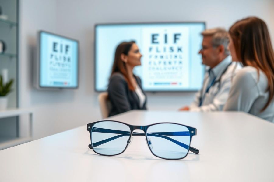 Stylish eyeglasses on a table in an eye exam setting. A doctor and patient are visible in the background, with eye charts displayed on screens. Focus is on the modern eyewear, suggesting vision care and eye health solutions. Blue lenses, black frames, professional environment.