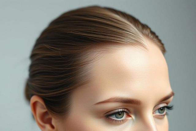 Close-up portrait of a woman with sleek brown hair and striking green eyes. The image showcases beauty, skincare, and a clean, modern aesthetic against a soft gray background. Focus on facial features, highlighting makeup and healthy skin.