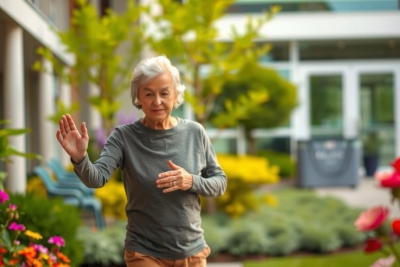 The image shows an elderly woman in an outdoor setting. She is wearing a long-sleeved top and appears to be walking or stepping through the scene.