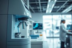 Modern laboratory setting featuring advanced scientific equipment, a researcher in a white coat, and bright, cool blue lighting. Focus on a microscope, suggesting research, science, and technology in a clean, contemporary environment.