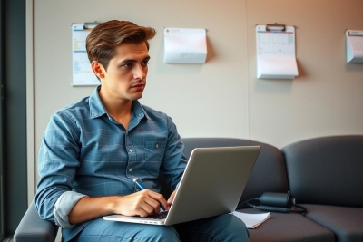The image features a young man seated at a desk, using a laptop. He is dressed casually in jeans and a plaid shirt. The environment suggests an office or workspace setting with various items on the desk including what appears to be papers or documents.