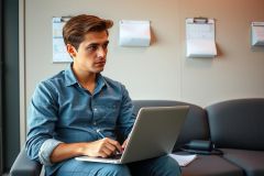 The image features a young man seated at a desk, using a laptop. He is dressed casually in jeans and a plaid shirt. The environment suggests an office or workspace setting with various items on the desk including what appears to be papers or documents.
