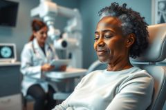 Mature Black woman receiving eye exam in a modern clinic. A female doctor is in the background reviewing data. Cool blue tones and medical equipment create a healthcare setting focused on eye care and wellness.