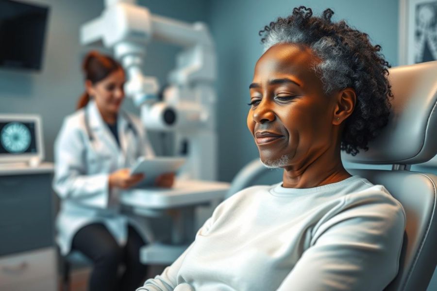 Mature Black woman receiving eye exam in a modern clinic. A female doctor is in the background reviewing data. Cool blue tones and medical equipment create a healthcare setting focused on eye care and wellness.