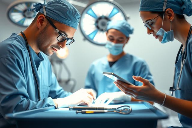 Surgeons performing a surgical procedure in an operating room. Focus on precision and medical expertise with blue scrubs and surgical tools. Healthcare professionals and medical technology are visible.
